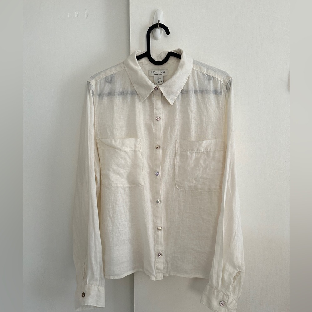 Rachel Zoe White 100% Linen button-down Shirt Sz M